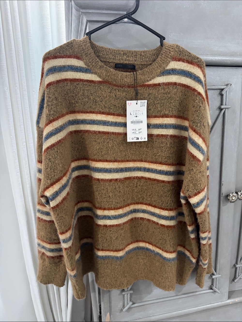 Zara Striped Cozy Crewneck Sweater in Camel